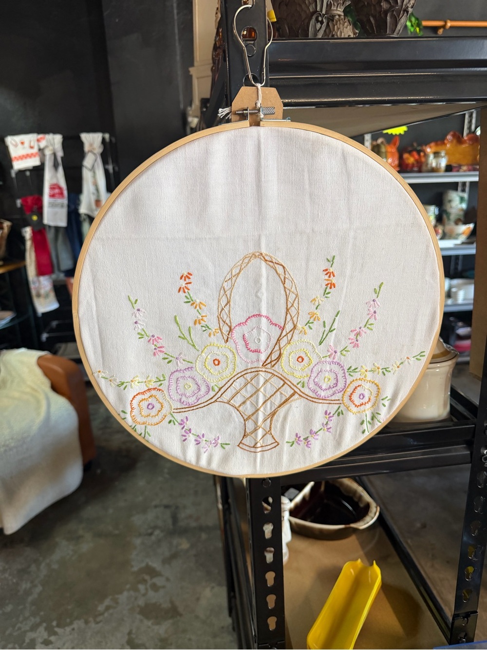 Embroidered Floral Basket Wall Hoop - White with Pastel Flowers